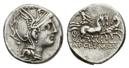 Appius Claudius Pulcher, T. Manlius Mancius, and Q. Urbinius. AR Denarius (15,31 mm, 3,86 g). Rome, 111-110 BC. Helmeted head of Roma r.; behind, quad...