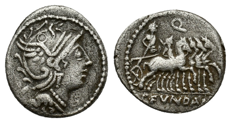 C. Fundanius, Rome, 101 BC. AR Denarius (18mm, 3.58g). Helmeted head of Roma rig...