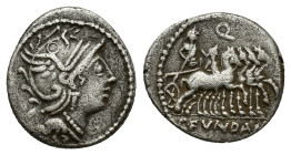 C. Fundanius, Rome, 101 BC. AR Denarius (18mm, 3.58g). Helmeted head of Roma right; •L behind R/ Triumphator in quadriga right, holding scepter and la...