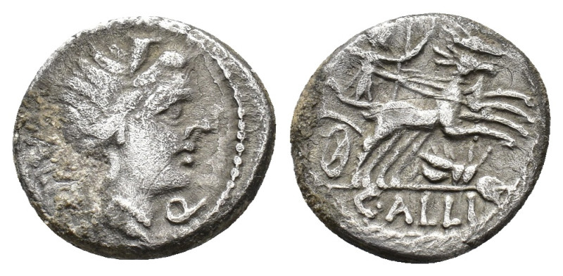 C. Allius Bala. AR Denarius (16,88 mm, 3,71 g). Rome, 92 BC. Diademed female hea...