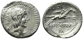 L. Calpurnius Piso Frugi, Rome, 90 BC. AR Denarius (21mm, 3.92g, 6h). Laureate head of Apollo r. R/ Horseman galloping r., holding palm branch and rei...