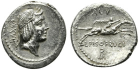L. Calpurnius Piso Frugi, Rome, 90 BC. AR Denarius (19.5mm, 3.82g, 7h). Laureate head of Apollo r. R/ Horseman galloping r., holding palm branch and r...