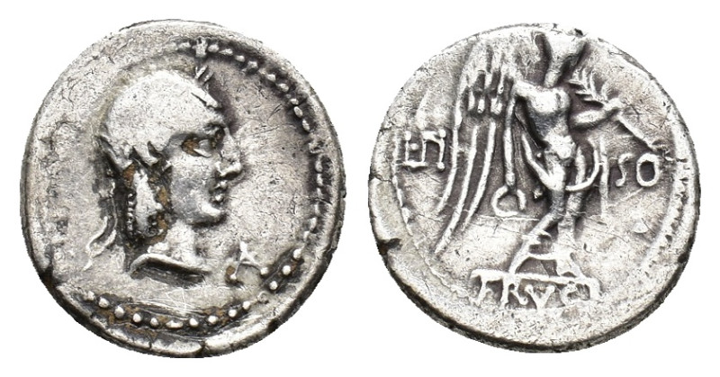 L. Calpurnius Piso Frugi, Rome, 90 BC. AR Quinarius (14mm, 2.02g). Laureate head...