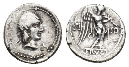 L. Calpurnius Piso Frugi, Rome, 90 BC. AR Quinarius (14mm, 2.02g). Laureate head of Apollo r.; cornucopia behind. R/ Victory advancing r., holding wre...