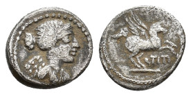 Q. Titius. AR Quinarius (13,42 mm, 2,03 g). Rome, 90 BC. Draped and winged bust of Victory right R/ Pegasus right, Q•TITI below. Crawford 341/3. About...