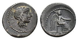 M. Cato. 89 BC. AR Quinarius (14,19 mm, 196 g). Head of Liber r., wearing ivy wreath. R/ Victory seated r. on throne, holding palm branch and patera. ...