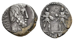 L.Tituri, L.f Sabinus. AR Denarius (14,07 mm, 4,05 g). Rome, 89 BC. Bareheaded and bearded head of King Tatius r.; ligate TA (for Tatius) to r. R/ Two...