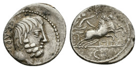 L. Titurius L.f. Sabinus, Rome, 89 BC. AR Denarius (18mm, 3.73g). Bare head of Titus Tatius r. R/ Victory driving biga r., holding wreath. Crawford 34...