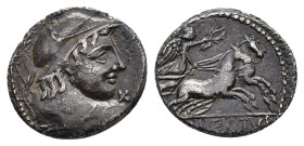 Cn. Cornelius Lentulus Clodianus. AR Denarius (17,24 mm, 3,91 g). Rome, 88 BC.  Helmeted bust of Mars seen from behind, with head turned to r., spear ...