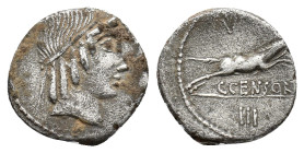 C. Censorinus, Rome, 88 BC. AR Denarius (16mm, 3.34g). Laureate head of Apollo r. R/ Horse galloping r.; above, V; in exergue, III. Crawford 346/2b. G...