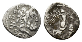 L. Rubrius Dossenus, Rome, 87 BC. AR Quinarius (12,77 mm, 1,72 g). Laureate head of Neptune r.; trident to l. R/ Victory advancing r., holding wreath ...