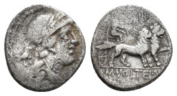 M. Volteius M.f., Rome, 75 BC. AR Denarius (17mm, 3.48g). Laureate, helmeted and draped bust of Attis right; bird behind R/ M VOLTEI M F, Cybele drivi...
