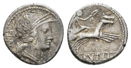 L. Rutilius Flaccus, Rome, 77 BC. AR Denarius (17mm, 4.11g). Helmeted head of Roma r.; behind, FLAC, R/ Victory in biga r., holding wreath and reins; ...