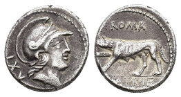 P. Satrienus. AR Denarius (15,75 mm, 3,75 g). Rome, 77 BC. Helmeted head of Roma right, IXV (control mark) behind / She-wolf standing left, ROMA above...