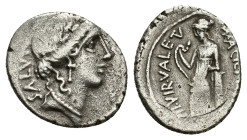 Man. Acilius Glabrio, Rome, 49 BC. AR Denarius (16mm, 3.76g). Laureate head of Salus r.; behind, SALVTIS, R/ Valetudo standing l., resting arm on colu...