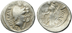 Roman Imperatorial, Mn. Cordius Rufus, Rome, 46 BC. AR Denarius (19mm, 4.09g). Conjoined heads of the Dioscuri r., wearing pilei with fillet surmounte...