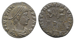 Constans (337-350). Æ (14mm, 1.75g, 6h). Treveri, 347-8. Diademed, draped and cuirassed bust r. R/ Victories standing facing each other, each holding ...