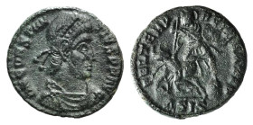 Constantius II (337-361). Æ (17mm, 2.86g, 12h). Siscia, 351-355. Pearl-diademed, draped and cuirassed bust r. R/ Soldier spearing falling enemy horsem...