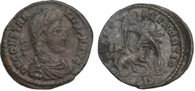 Constantius II (337-361). Æ (20mm, 1.90g). Siscia, 351-5. Pearl-diademed, draped and cuirassed bust r. R/ Soldier spearing falling enemy horseman; BSI...