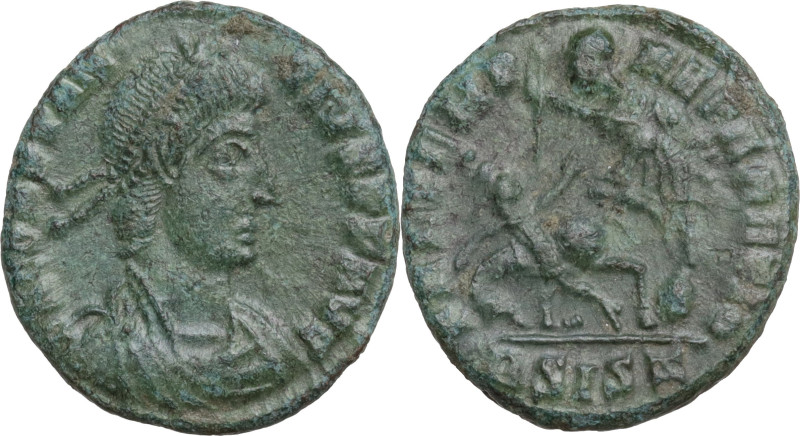 Constantius II (337-361). Æ (19mm, 7.30g). Siscia, 351-5. Pearl-diademed, draped...