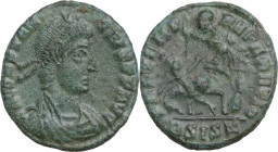 Constantius II (337-361). Æ (19mm, 7.30g). Siscia, 351-5. Pearl-diademed, draped and cuirassed bust r. R/ Soldier spearing falling enemy horseman; ΔSI...