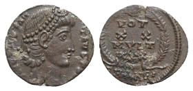 Constantius II (337-361). Æ (13mm, 1.18g, 12h). Antioch, 347-8. Pearl-diademed head r. R/ VOT XX MVLT XXX in wreath; SMANEI. RIC VIII 113. Brown patin...