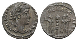 Constantius II (337-361). Æ (14mm, 1.52g, 6h). Uncertain mint. Diademed head r. R/ Two soldiers flanking one standards; […]. Cf. RIC VII 53 (Constanti...