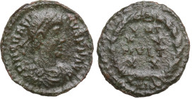 Gratian (367-383). Æ (15mm, 1.50g). Siscia. Diademed, draped and cuirassed bust r. R/ VOT/XV/MVLT/XX in four lines within laurel wreath. RIC IX 31a. N...