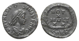Theodosius I (379-395). Æ (14mm, 1.18g, 12h). Cyzicus, 378-383. Pearl-diademed, draped and cuirassed bust r. R/ VOT X MVLT XX in four lines; SMKA. RIC...
