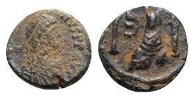 Justinian I (527-565). Æ 5 Nummi (13mm, 1.95g, 6h). Theoupolis (Antioch). Laureate, draped and cuirassed bust r. R/ Tyche of Antioch seated r. within ...