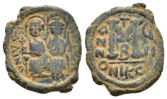 Justin II with Sophia (565-578). Æ 40 Nummi (24,81 mm, 12,73 g). Nicomedia, year 7 (AD 572/3). Sear 369. About very fine.