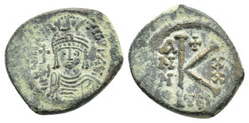 Maurice Tiberius (582-602). Æ 20 Nummi (21,57 mm, 5,71 g). Thessalonica, year 20 (AD 601/02). Sear 509. About very fine.