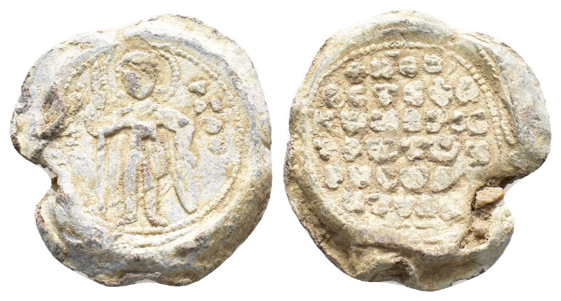 Byzantine Pb Seal, c. 7th-12th century (23mm, 13.12g). St. Demetrios on obv. Nea...