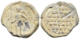 Byzantine Pb Seal, c. 7th-12th century (35mm, 34.77g). St. Demetrios on obv. Near VF