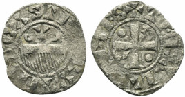 France, Provins. Thibaut II (1125-1152). BI Denier (20mm, 0.82g, 2h). Cross pattée. R/ Comb; above, annulets flanking Y. Poey d'Avant 5971. VF