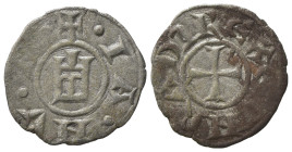 Italy. Genova, Republic, c. 1139-1339. BI Medaglia - Half Denaro (13mm, 0.35g). Castle. R/ Cross. MIR 19; Biaggi 836. VF