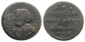 Italy, Papal. Roma, Pio VI (1774-1799). Æ Sampietrino da 2 1/2 Baiocchi 1796 (29mm, 17.36g, 1h). Muntoni 99; Berman 2990. Near VF