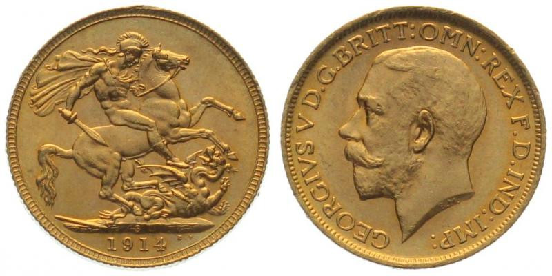 AUSTRALIA. Sovereign 1914 S, George V, gold, UNC-

Gold 7.96g (0.916)