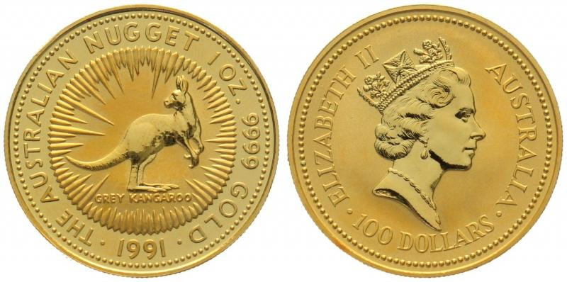 AUSTRALIA. 100 Dollars 1991, Nugget (Kangaroo), 1 oz fine gold, UNC

Gold 31.1...