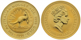 AUSTRALIA. 100 Dollars 1991, Nugget (Kangaroo), 1 oz fine gold, UNC
