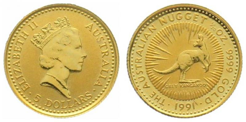 AUSTRALIA. 5 Dollars 1991, Nugget (Kangaroo), 1/20 oz fine gold, UNC

Gold 1.5...