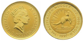 AUSTRALIA. 5 Dollars 1991, Nugget (Kangaroo), 1/20 oz fine gold, UNC