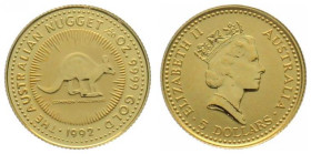 AUSTRALIA. 5 Dollars 1992, Nugget (Kangaroo), 1/20 oz fine gold, UNC