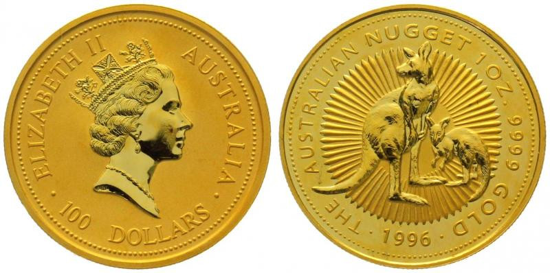 AUSTRALIA. 100 Dollars 1996, Nugget (Kangaroo), 1 oz fine gold, UNC

Gold 31.1...