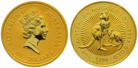 AUSTRALIA. 100 Dollars 1996, Nugget (Kangaroo), 1 oz fine gold, UNC