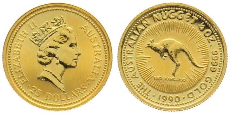 AUSTRALIA. 25 Dollars 1996, Nugget (Kangaroo), 1/4 oz fine gold, UNC

Gold 7.8...