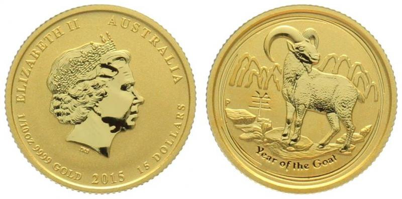 AUSTRALIA. 15 Dollars 2015, Lunar Series II, Year of the Goat, 1/10 oz fine gold...