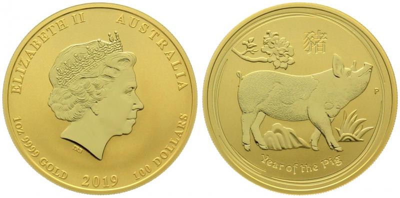 AUSTRALIA. 100 Dollars 2019, Lunar Series III, Year of the Pig, 1 oz fine gold, ...