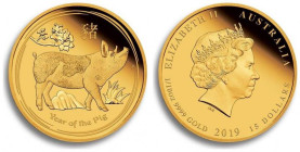 AUSTRALIA. 15 Dollars 2019, Lunar Series III, Year of the Pig, 1/10 oz fine gold, UNC