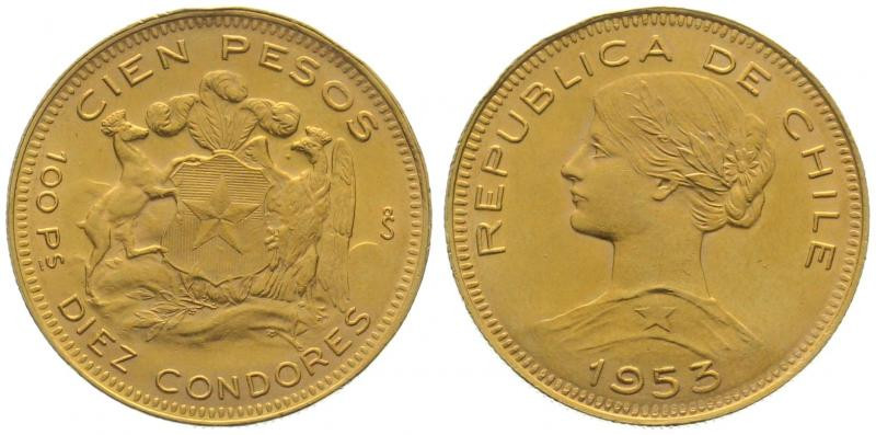 CHILE. 100 Pesos 1953, gold, UNC

KM # 175. Gold 20.34g (0.900)